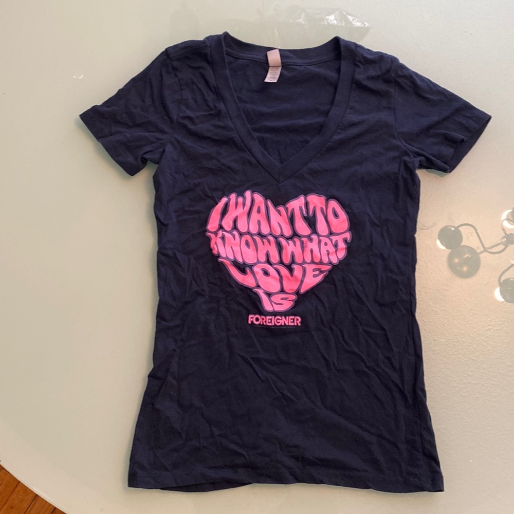 Foreigner I Want To Know What Love Is Navy and Pink V-neck Shirt Merch